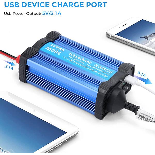Inverter 300W Voltage Converter AC 12V to 110V Power Converter with 3.1A USB Port - Charge Your Laptop, iPad, iPhone, Tablet, Console, and More in Car, Boat, or RV 